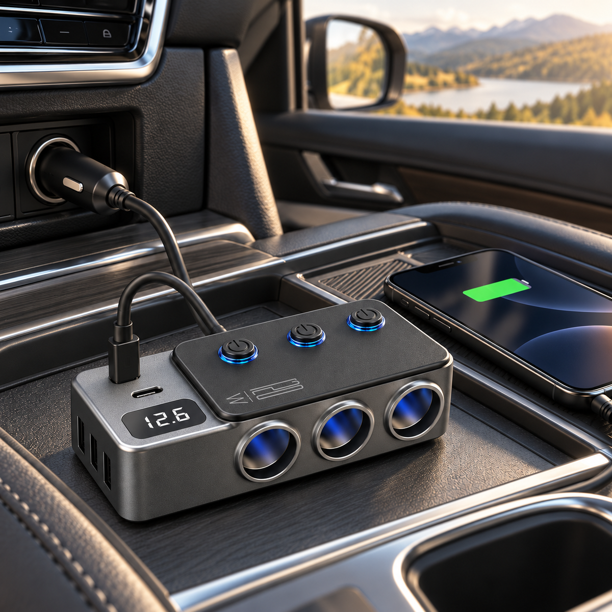 Zovarivo-120W Car Power Splitter with USB-C Charging & Individual Switches-GC5389