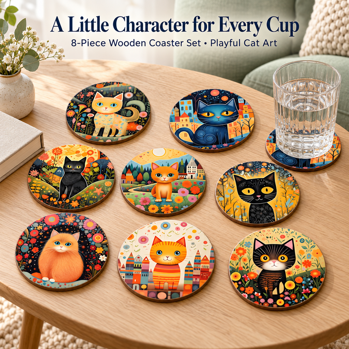 Zovarivo-8-Piece Printed Wooden Coaster Set-YJ7366