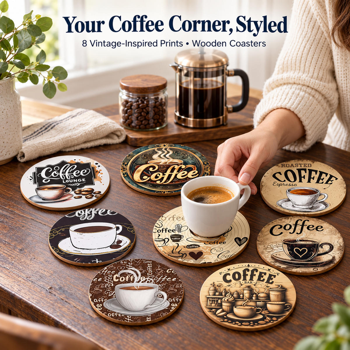 Zovarivo-8-Piece Printed Wooden Coaster Set-YJ7366