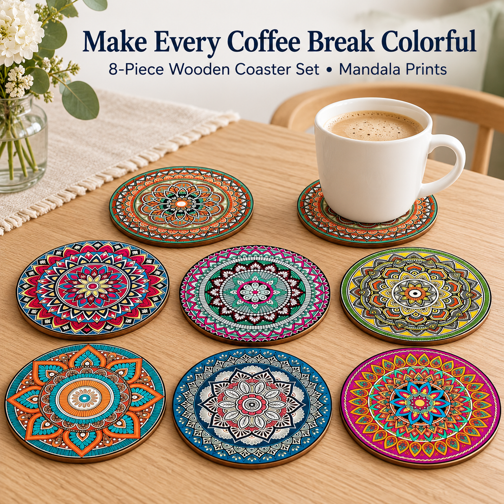 Zovarivo-8-Piece Printed Wooden Coaster Set-YJ7366